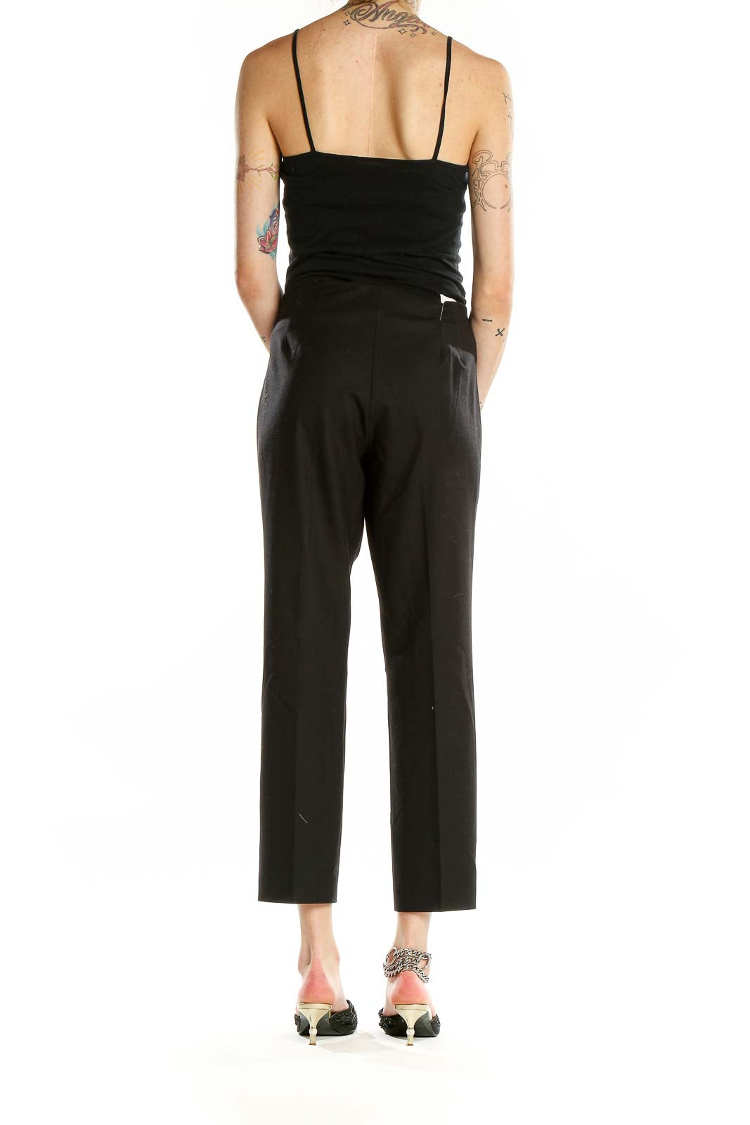 Back view of Theory black wool blend cropped trousers on model