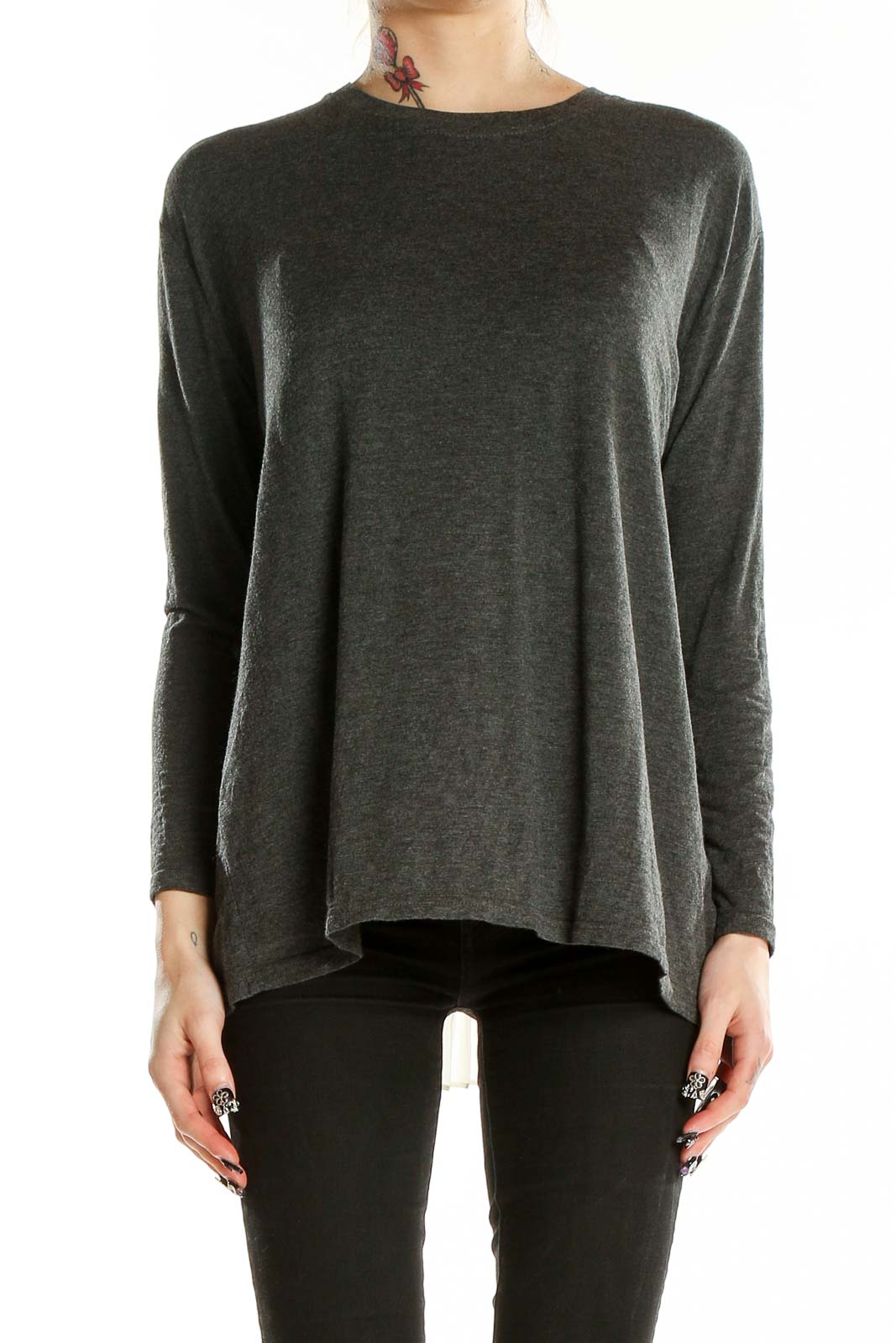 Front view of Cover Stiched charcoal long sleeve top with relaxed fit