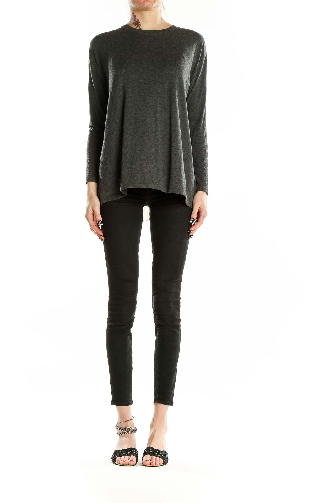 Front view of Cover Stiched charcoal long sleeve top with relaxed fit