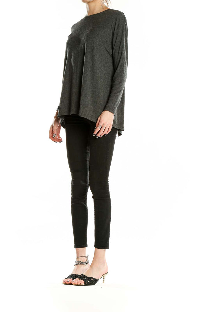 Front view of Cover Stiched charcoal long sleeve top with relaxed fit