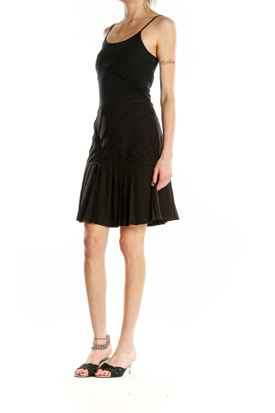 Front view of Catherine Malandrino black pleated A-line skirt