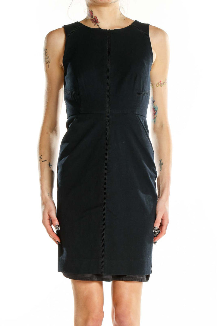 Front view of J.Crew black sleeveless sheath dress on model