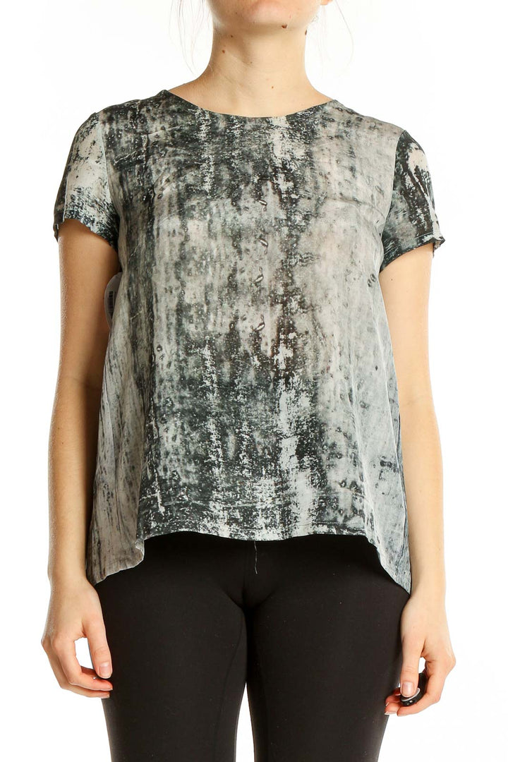 Front view of C/FAN gray marbled silk top with abstract pattern