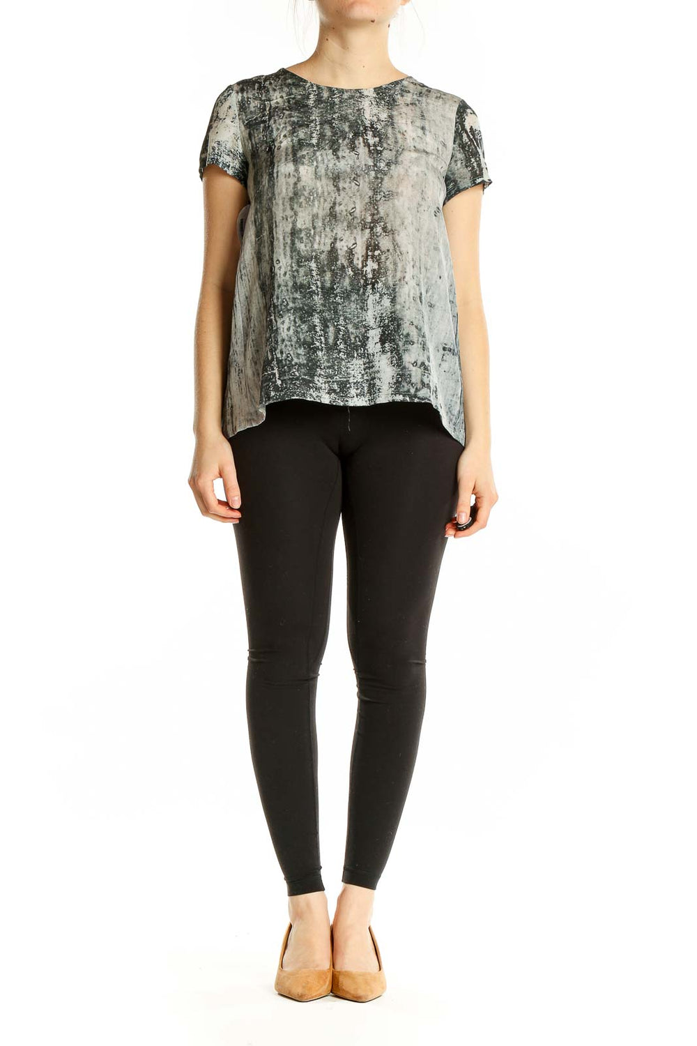 Front view of C/FAN gray marbled silk top with abstract pattern