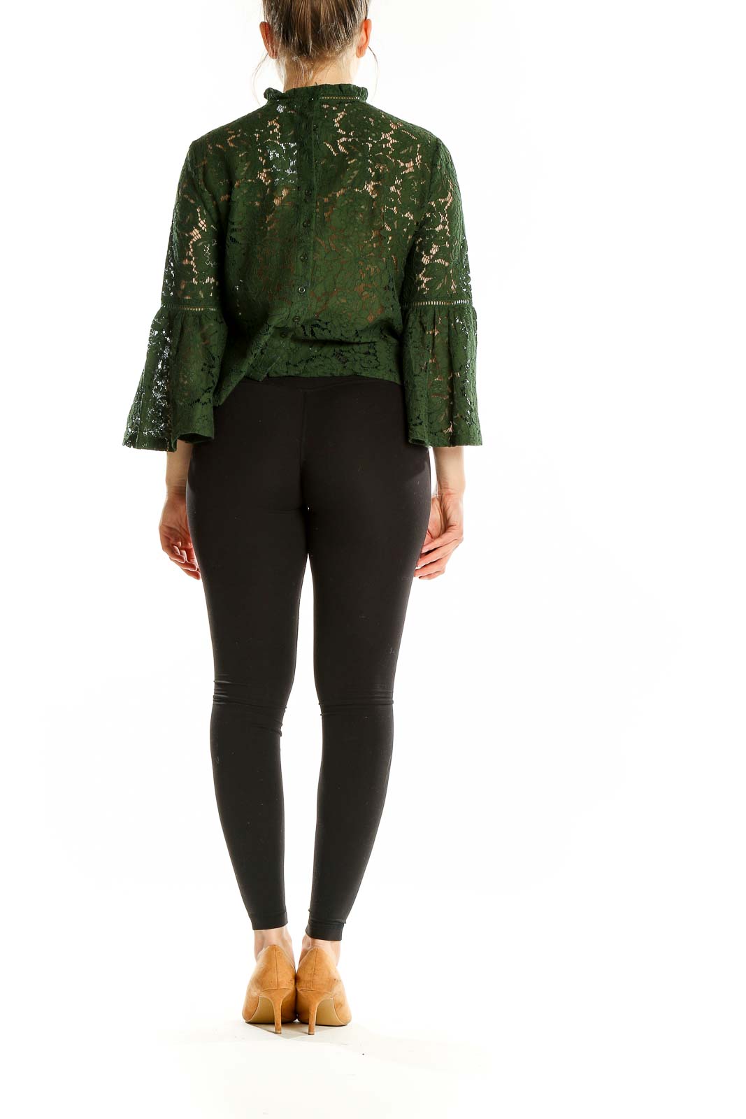 Back view of green lace crop top showing bell sleeves and zipper closure