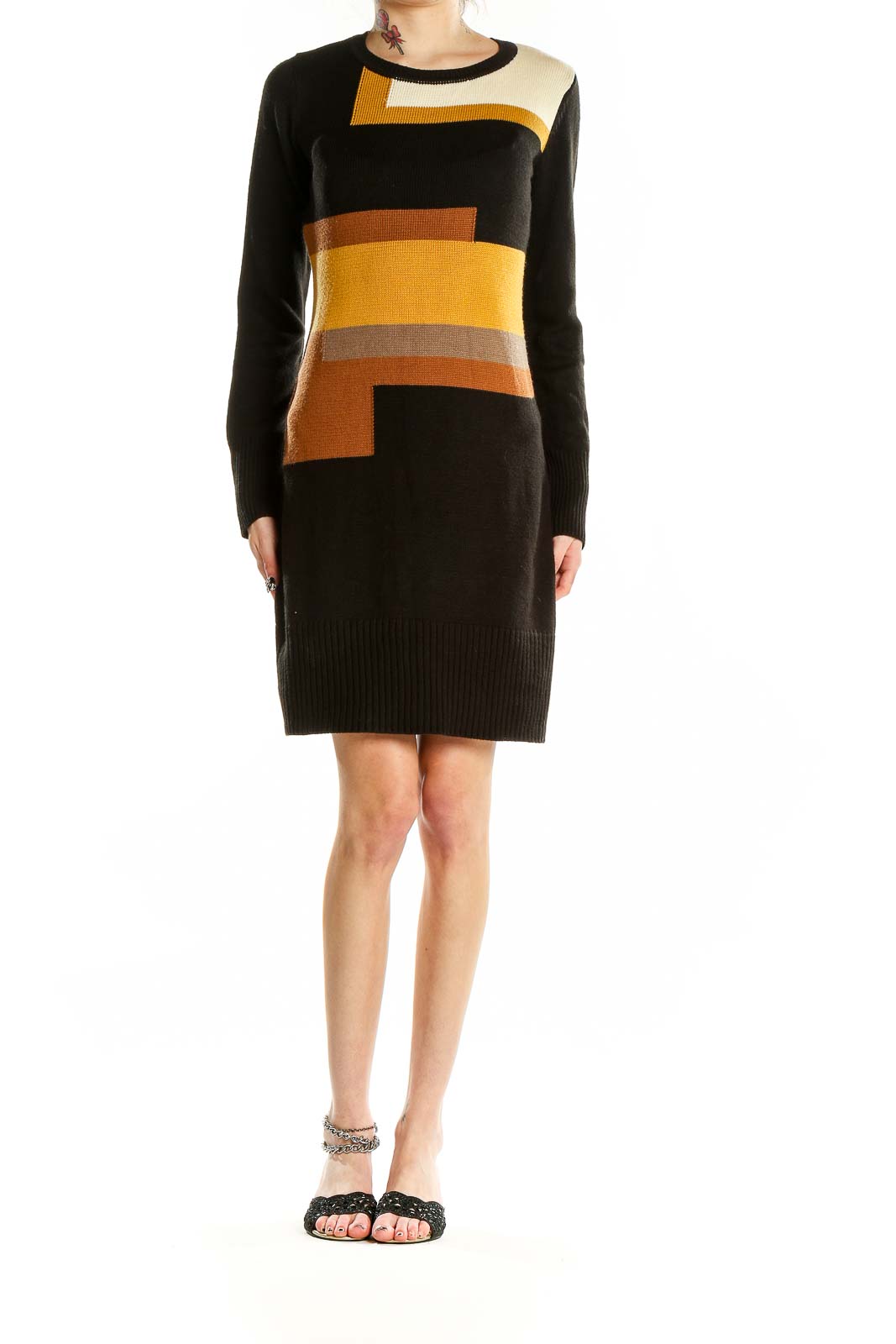 Black Yellow Brown Color Block Sweater Dress