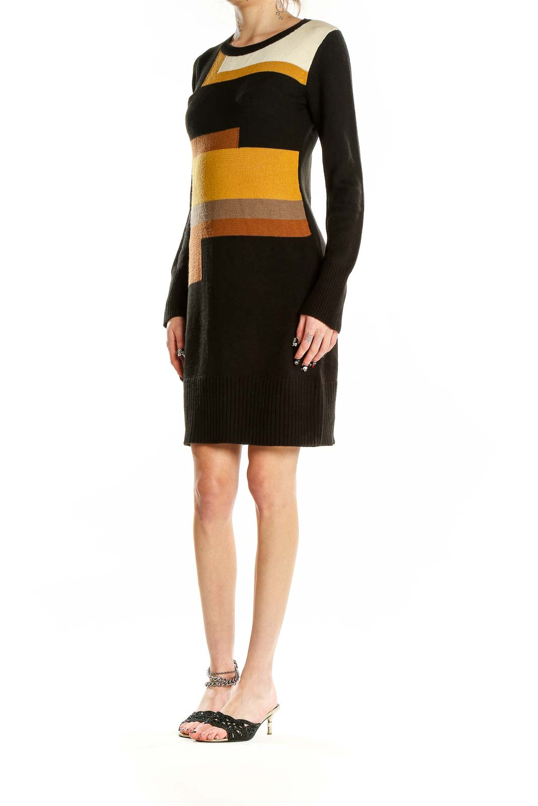 Black Yellow Brown Color Block Sweater Dress