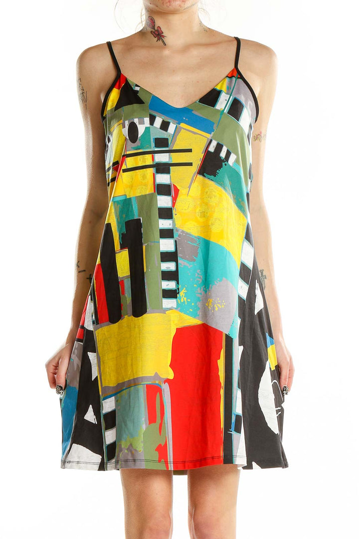 Front view of multicolor abstract print slip dress by Volt Design