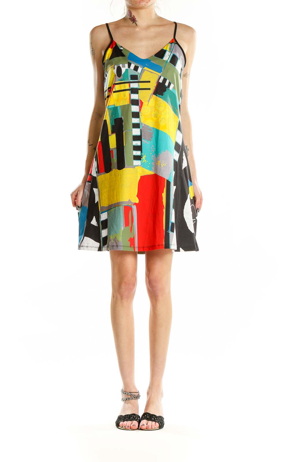 Front view of multicolor abstract print slip dress by Volt Design