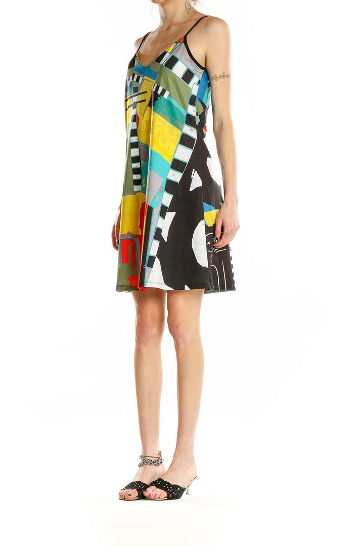 Front view of multicolor abstract print slip dress by Volt Design