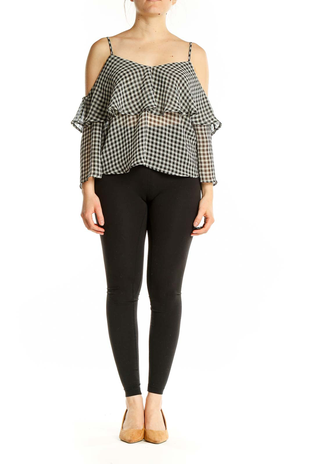 Front view of Ten Sixty Sherman Black and White Gingham Cold Shoulder Top