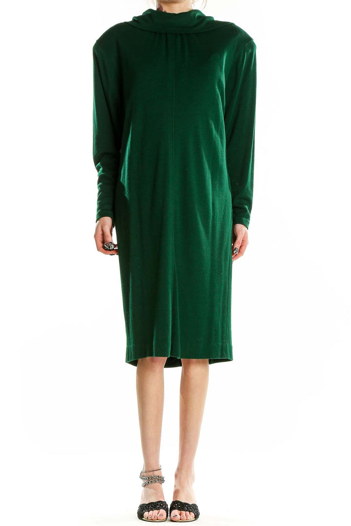 Front view of green long-sleeve midi dress by Miss O by Oscar de la Renta