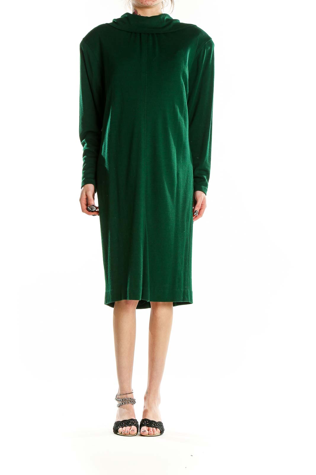 Front view of green long-sleeve midi dress by Miss O by Oscar de la Renta