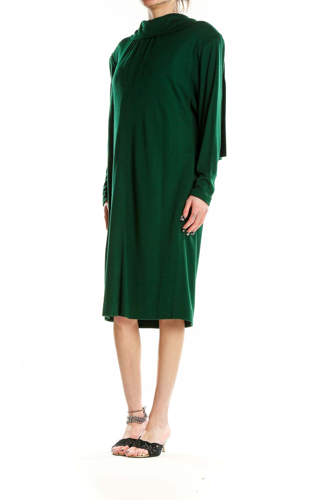 Front view of green long-sleeve midi dress by Miss O by Oscar de la Renta