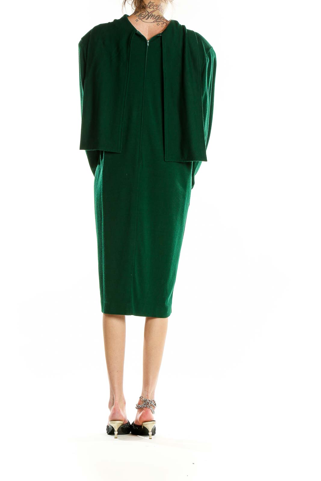 Back view of green long-sleeve midi dress with drape detail by Miss O by Oscar de la Renta