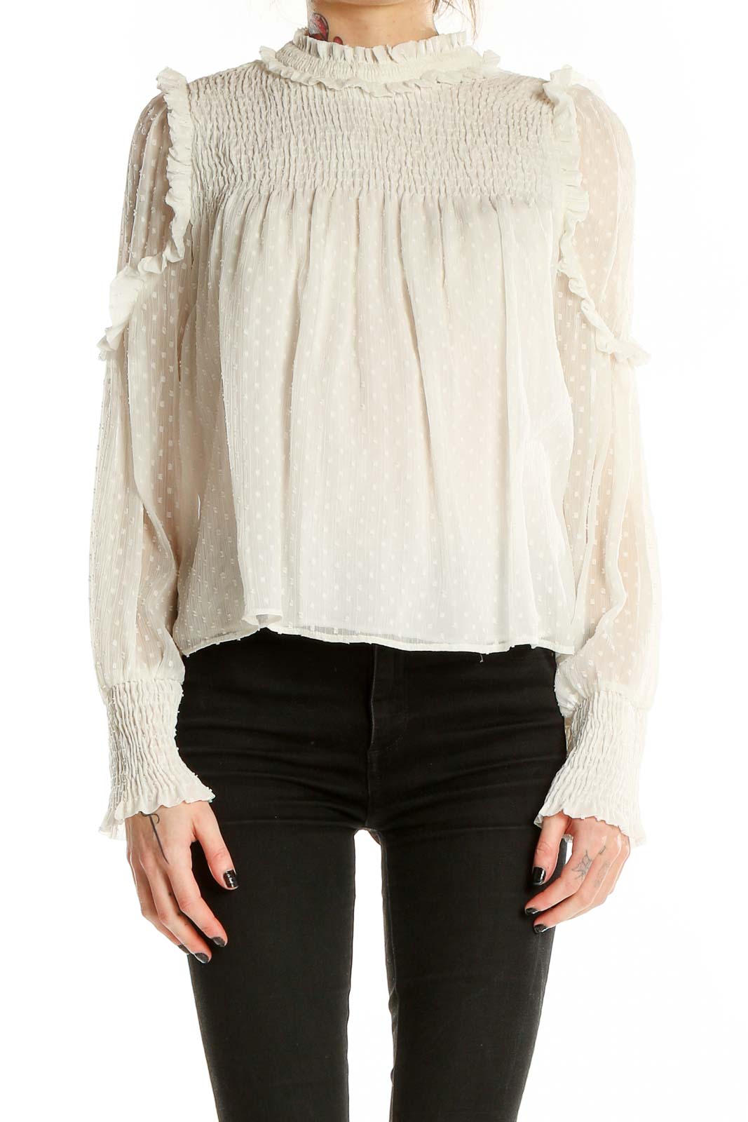 Front view of white sheer ruffled blouse by Zara Trafaluc