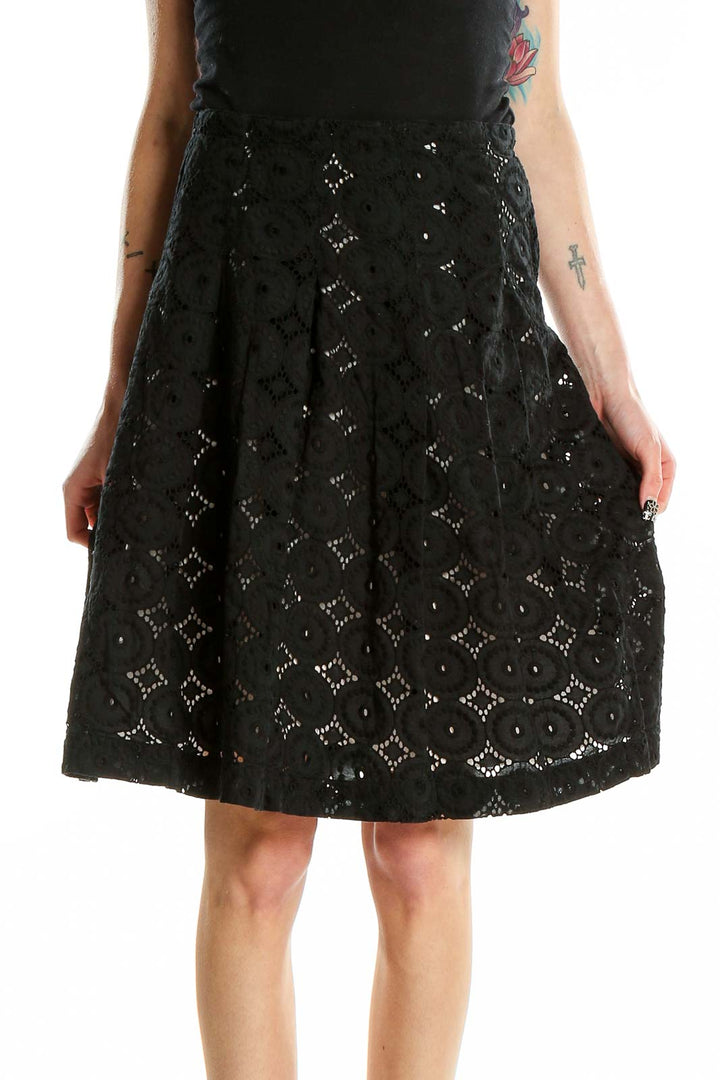 Front view of Banana Republic black eyelet lace A-line skirt