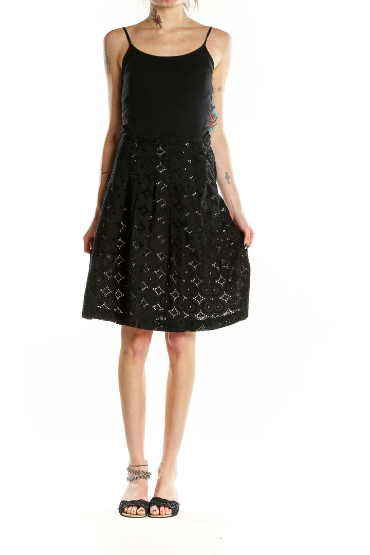 Front view of Banana Republic black eyelet lace A-line skirt