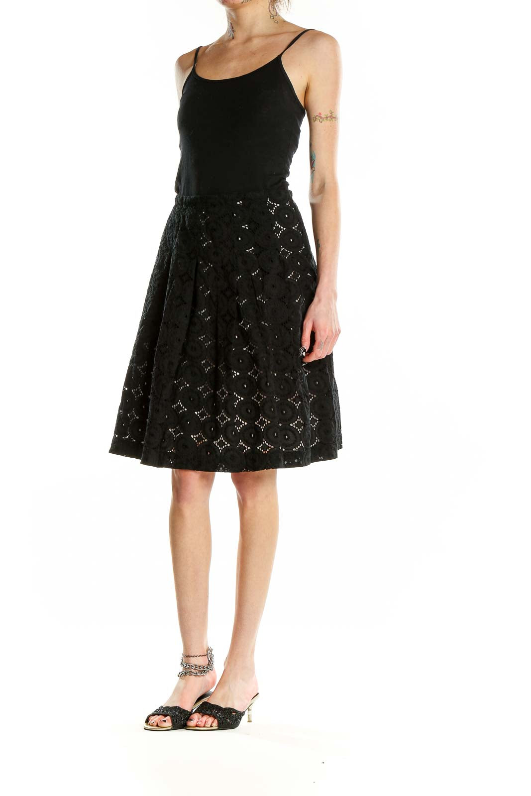 Front view of Banana Republic black eyelet lace A-line skirt