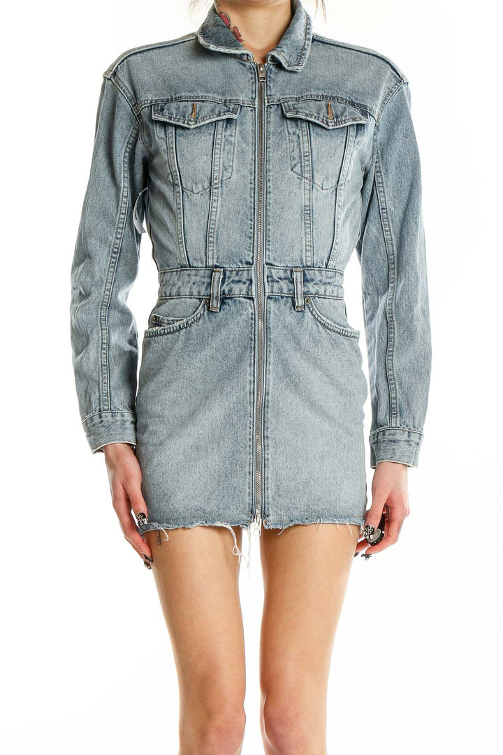 Front view of Ksubi light blue denim mini dress with zip closure and chest pockets