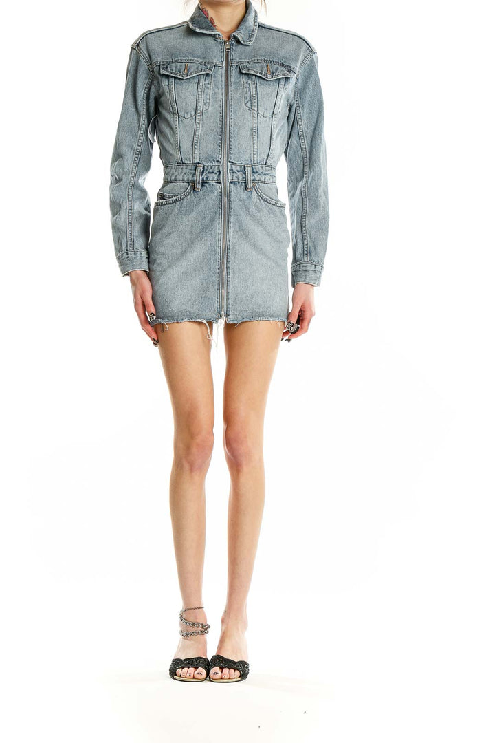 Front view of Ksubi light blue denim mini dress with zip closure and chest pockets