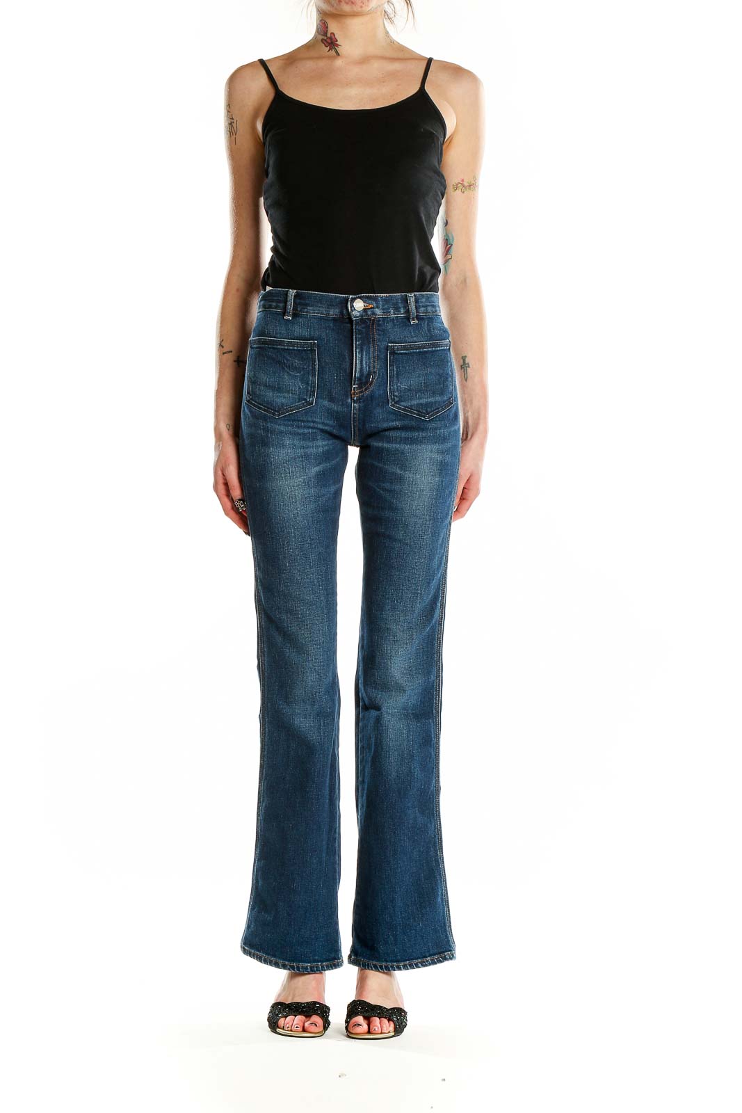 Front view of Sonia By Sonia Rykiel blue flared high-waisted jeans