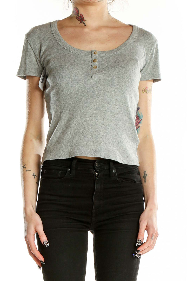 Front view of gray Frye cotton Henley crop top with scoop neck and buttons