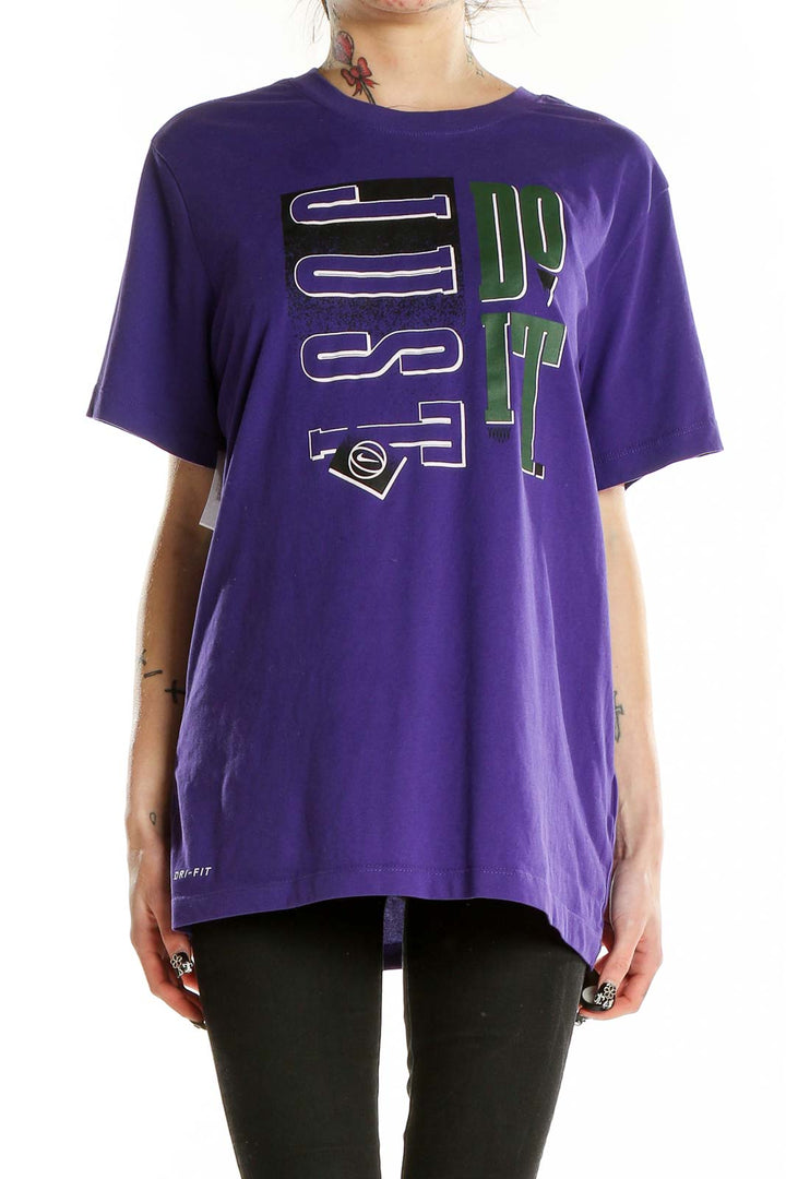 Front view of purple Nike activewear t-shirt with graphic print