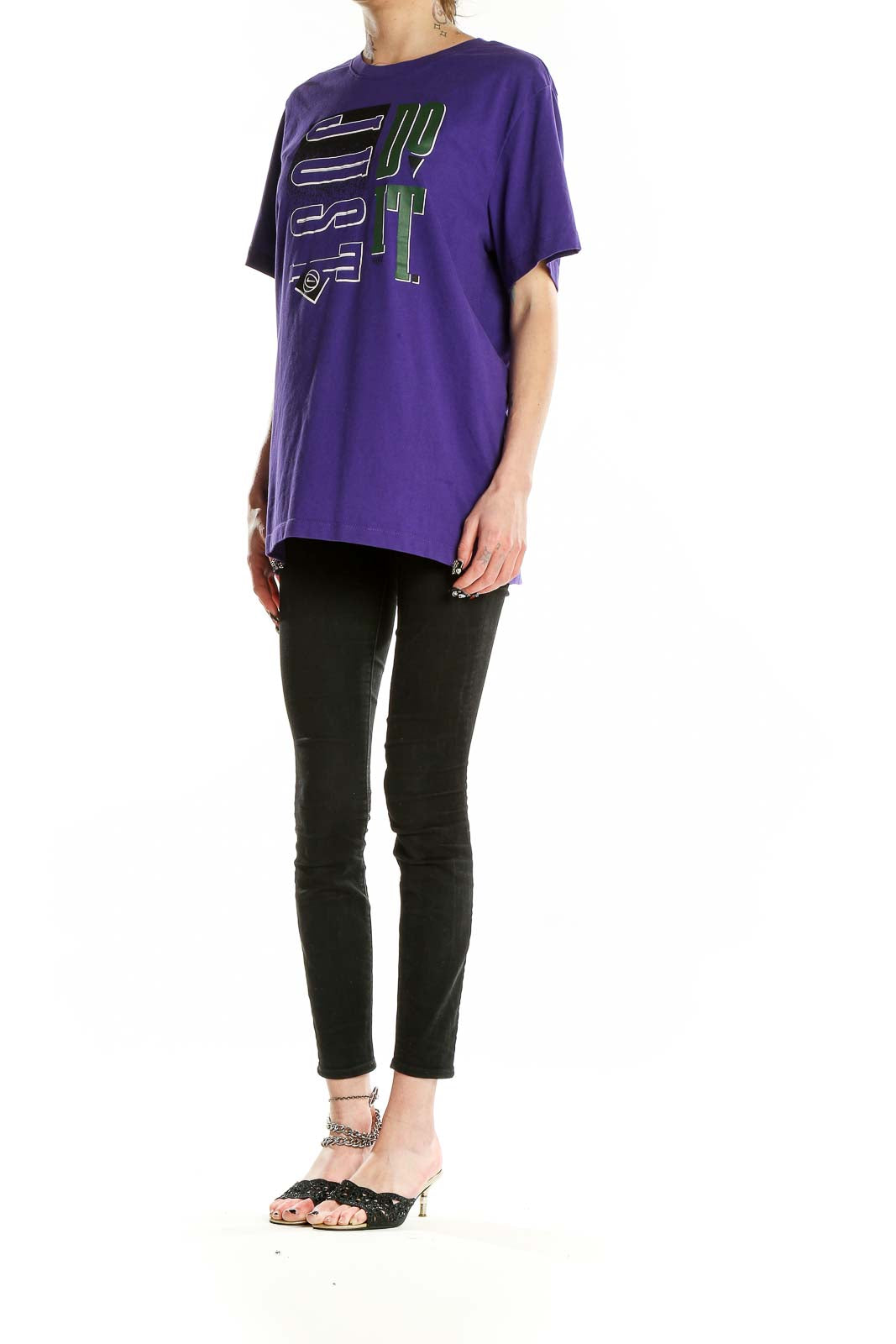 Front view of purple Nike activewear t-shirt with graphic print