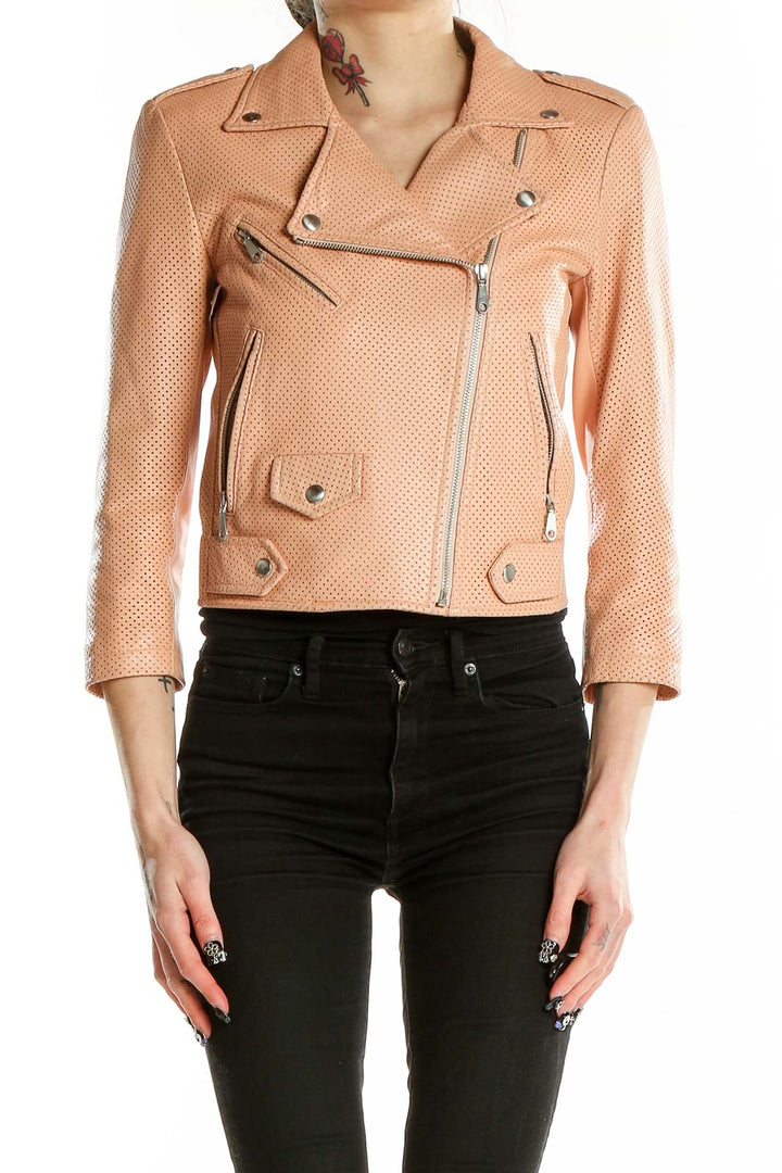 Front view of Rebecca Minkoff peach perforated leather moto jacket