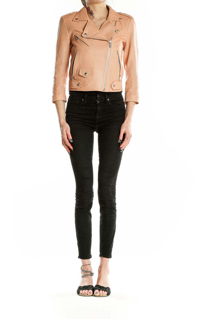 Front view of Rebecca Minkoff peach perforated leather moto jacket