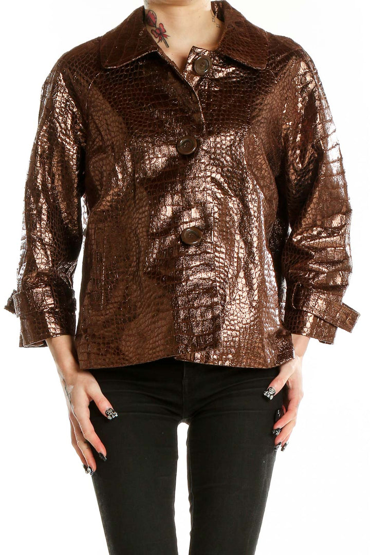 Front view of Birch Hill bronze metallic crocodile-textured jacket