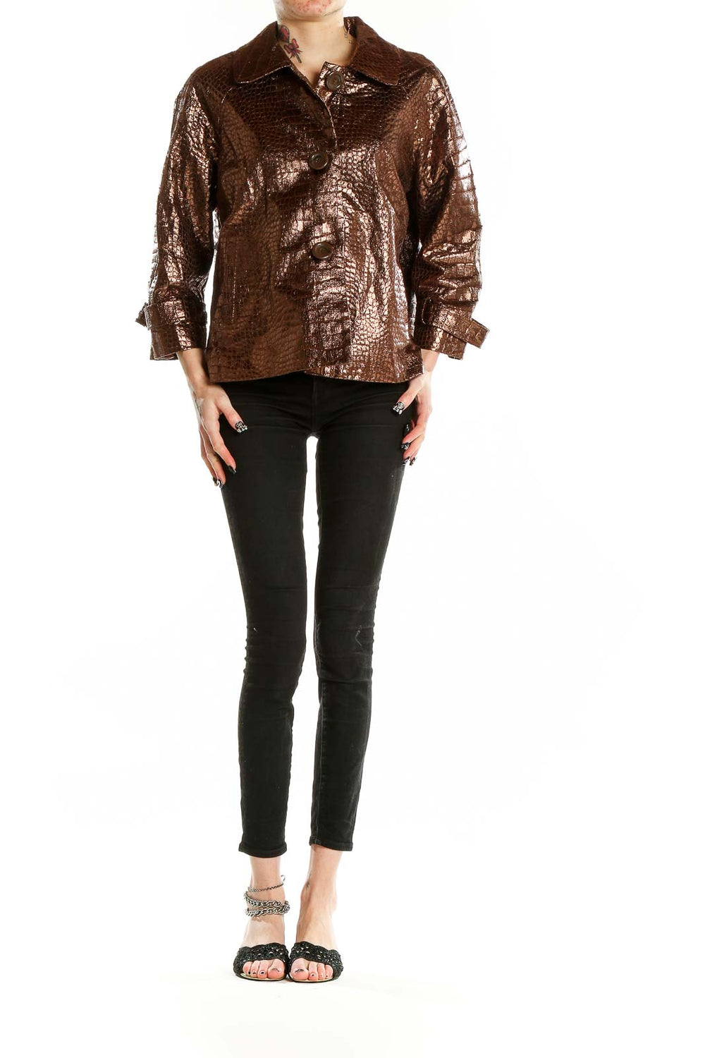 Front view of Birch Hill bronze metallic crocodile-textured jacket