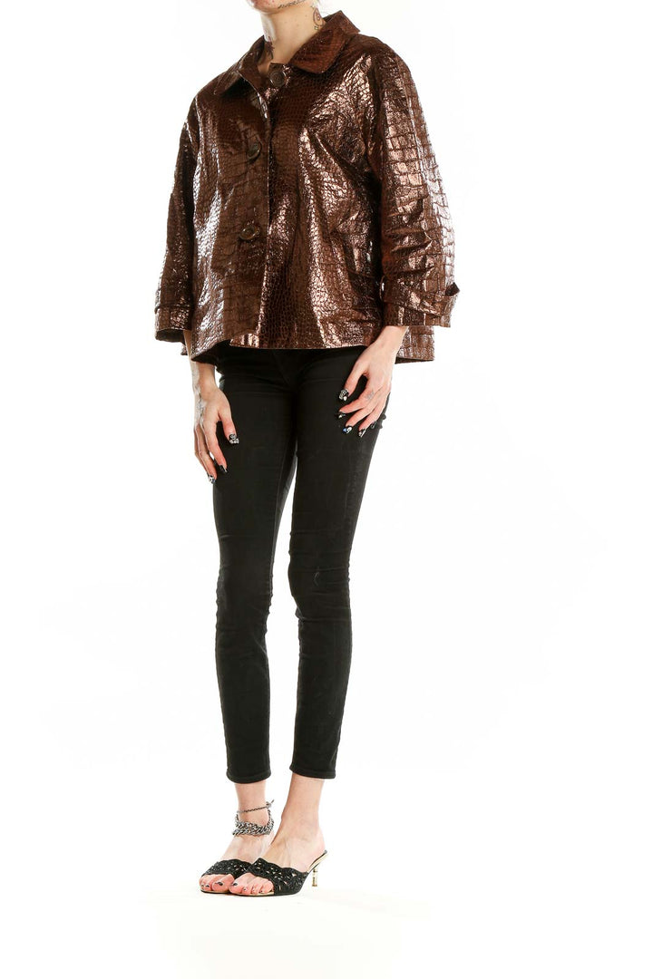 Front view of Birch Hill bronze metallic crocodile-textured jacket