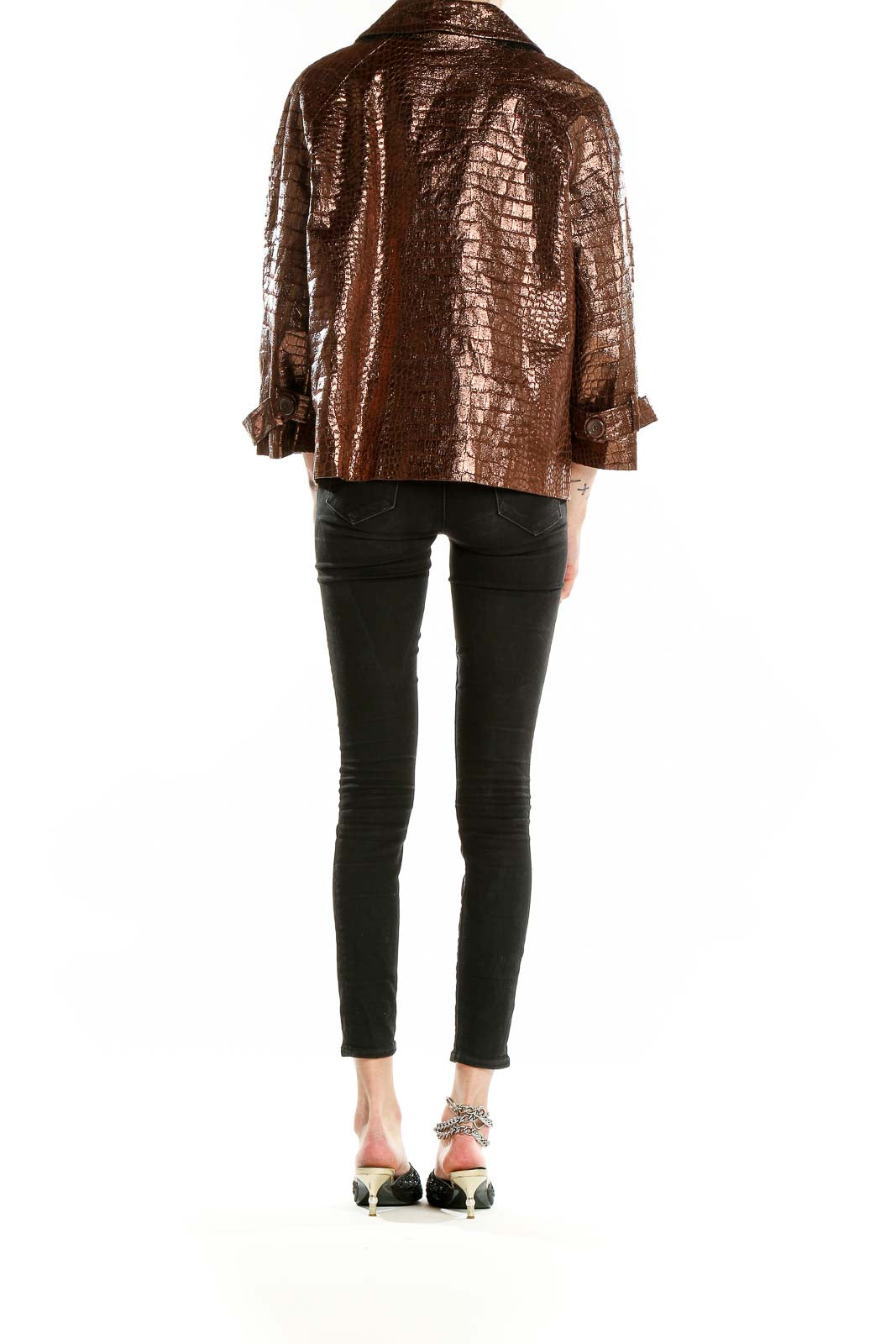 Back view of Birch Hill bronze metallic crocodile-textured jacket