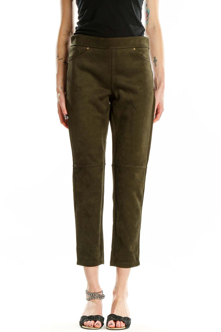 Front view of MARC NEW YORK ANDREW MARC olive green cropped polyester pants