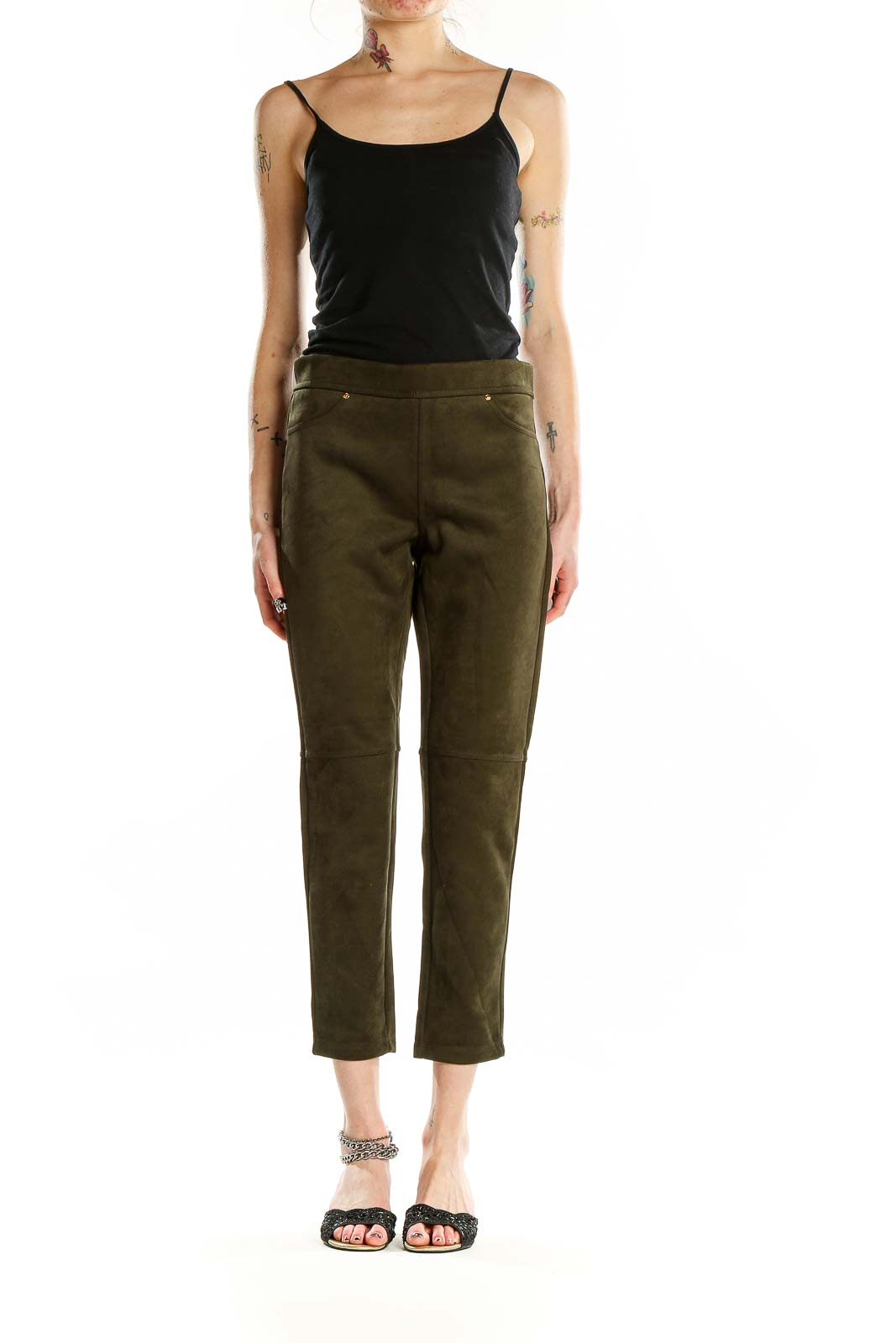 Front view of MARC NEW YORK ANDREW MARC olive green cropped polyester pants