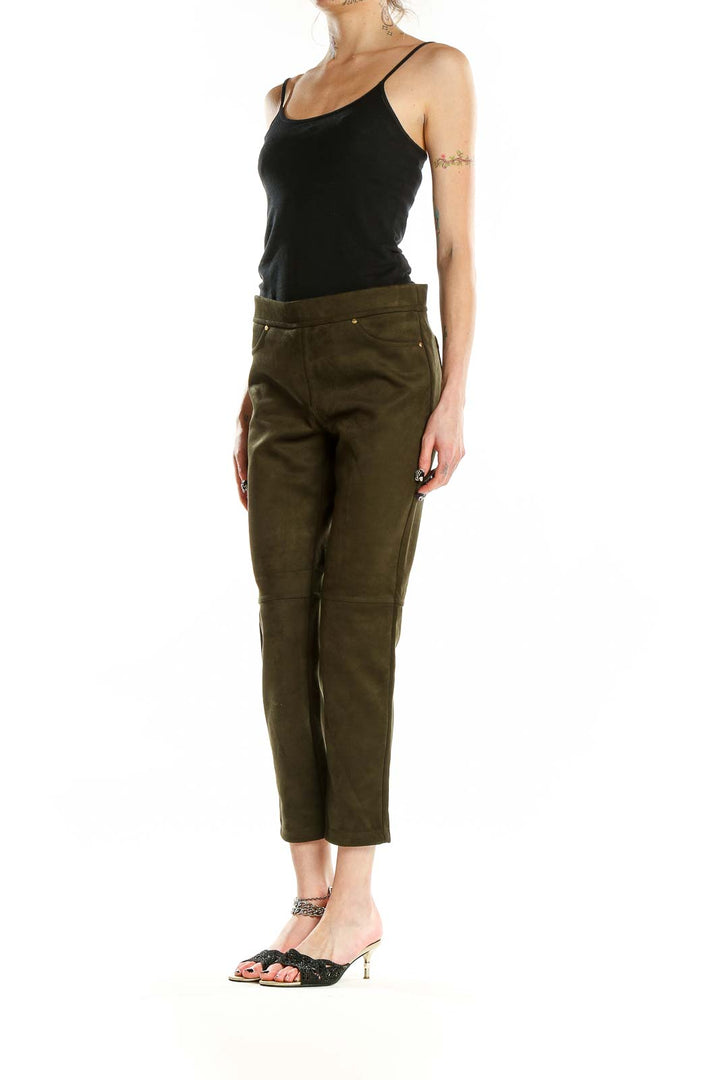 Front view of MARC NEW YORK ANDREW MARC olive green cropped polyester pants