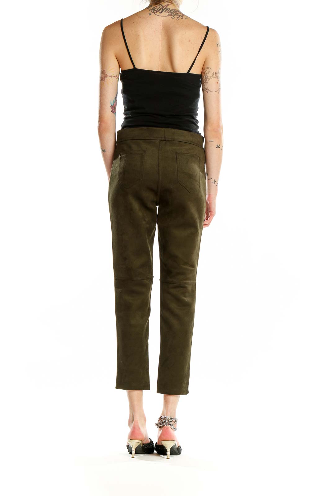 Back view of MARC NEW YORK ANDREW MARC olive green cropped polyester pants