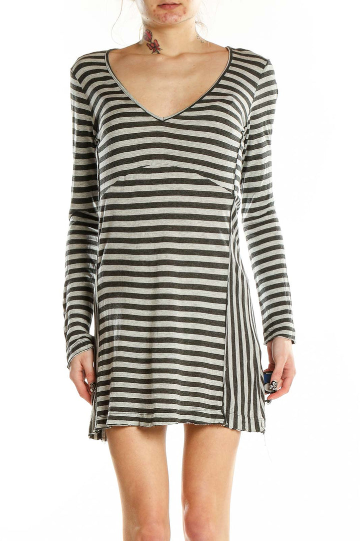 Gray Long Sleeve Striped Mini Dress