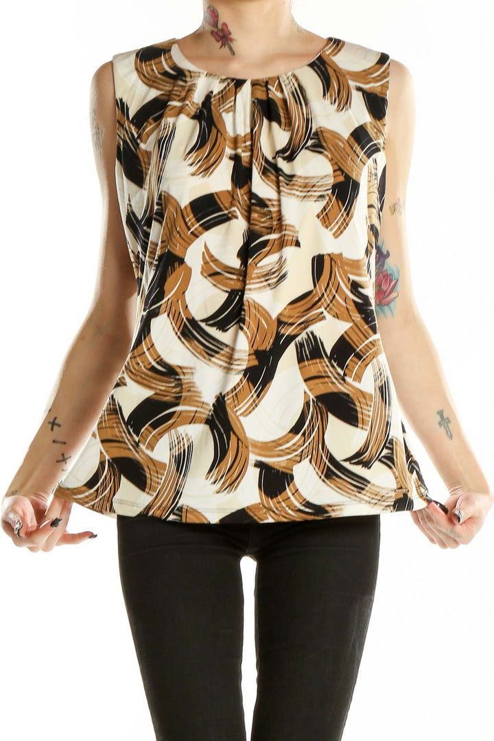 Front view of Calvin Klein sleeveless blouse with brown abstract print