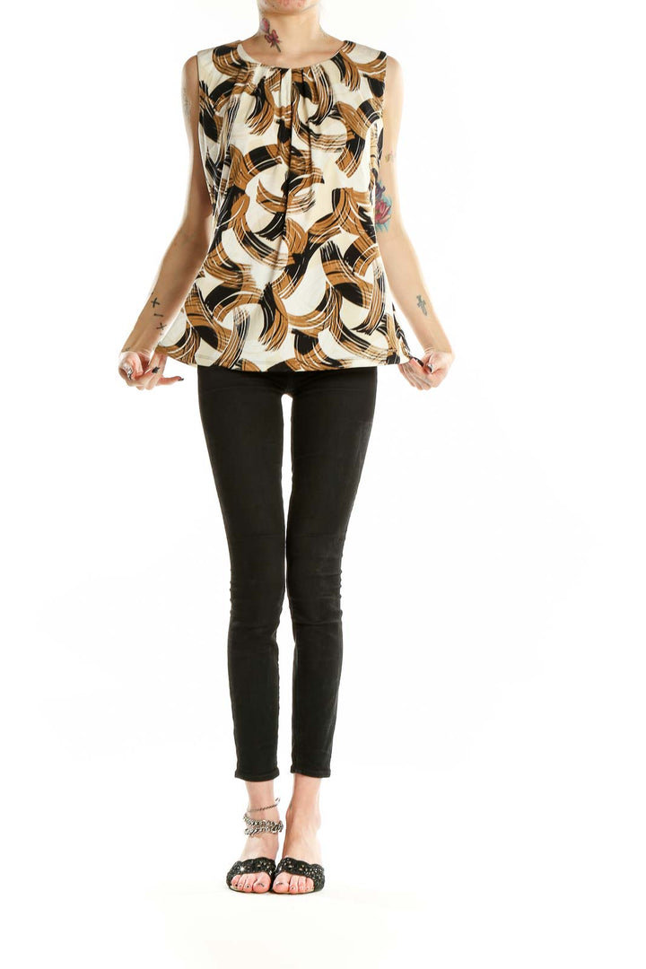 Front view of Calvin Klein sleeveless blouse with brown abstract print