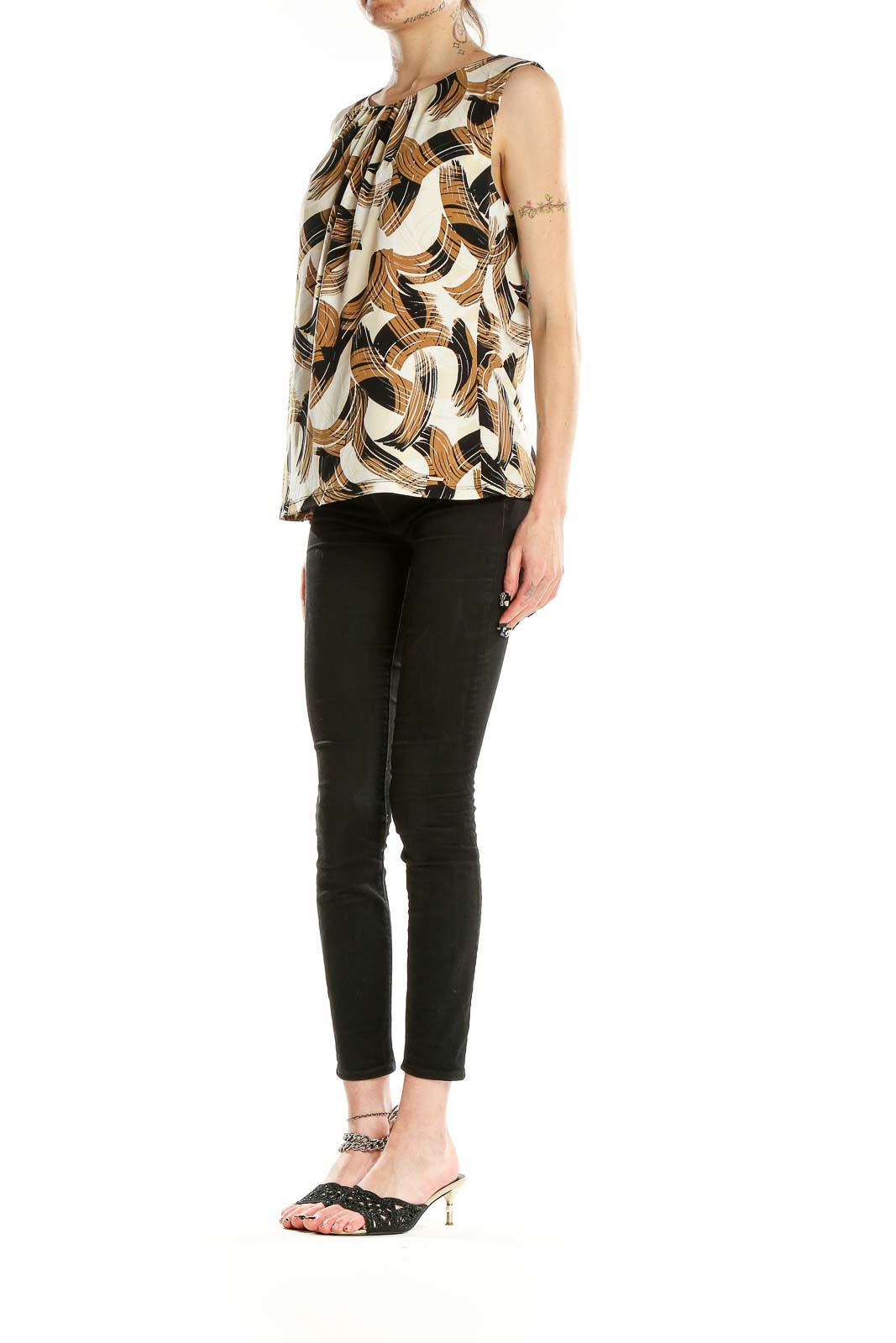 Front view of Calvin Klein sleeveless blouse with brown abstract print