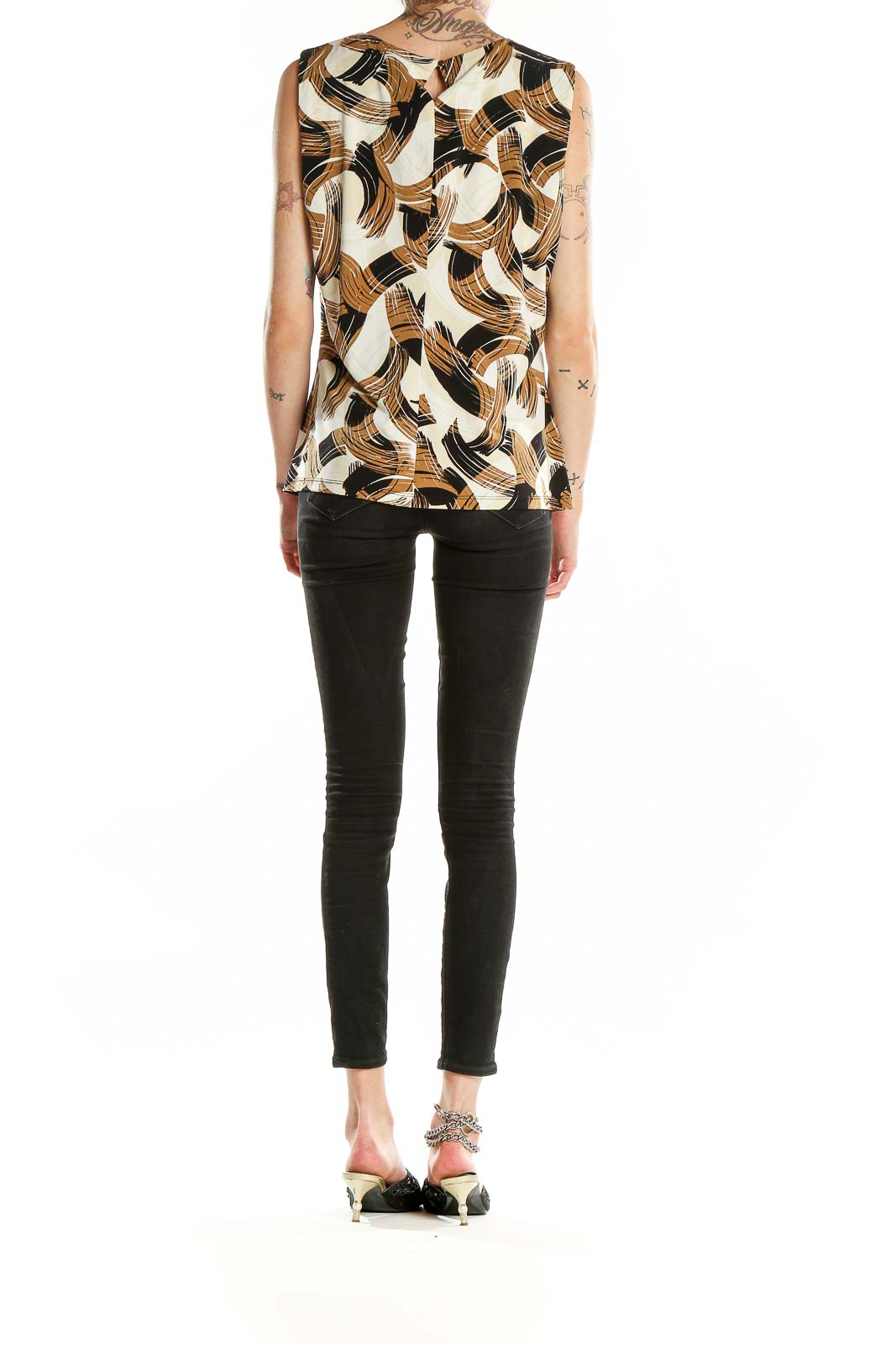 Back view of Calvin Klein sleeveless blouse with brown abstract print