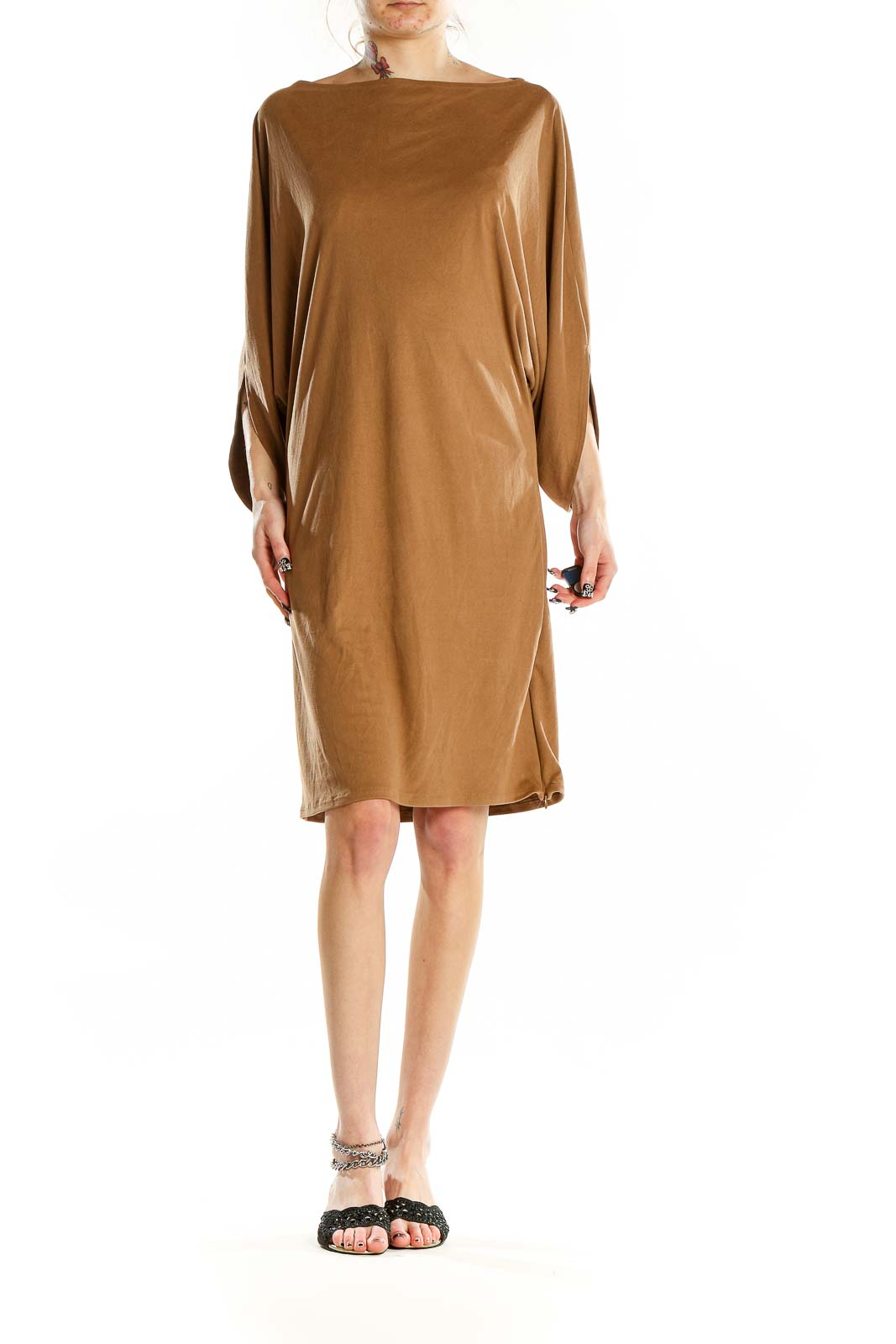 Front view of camel-colored midi dress with batwing sleeves and boat neckline