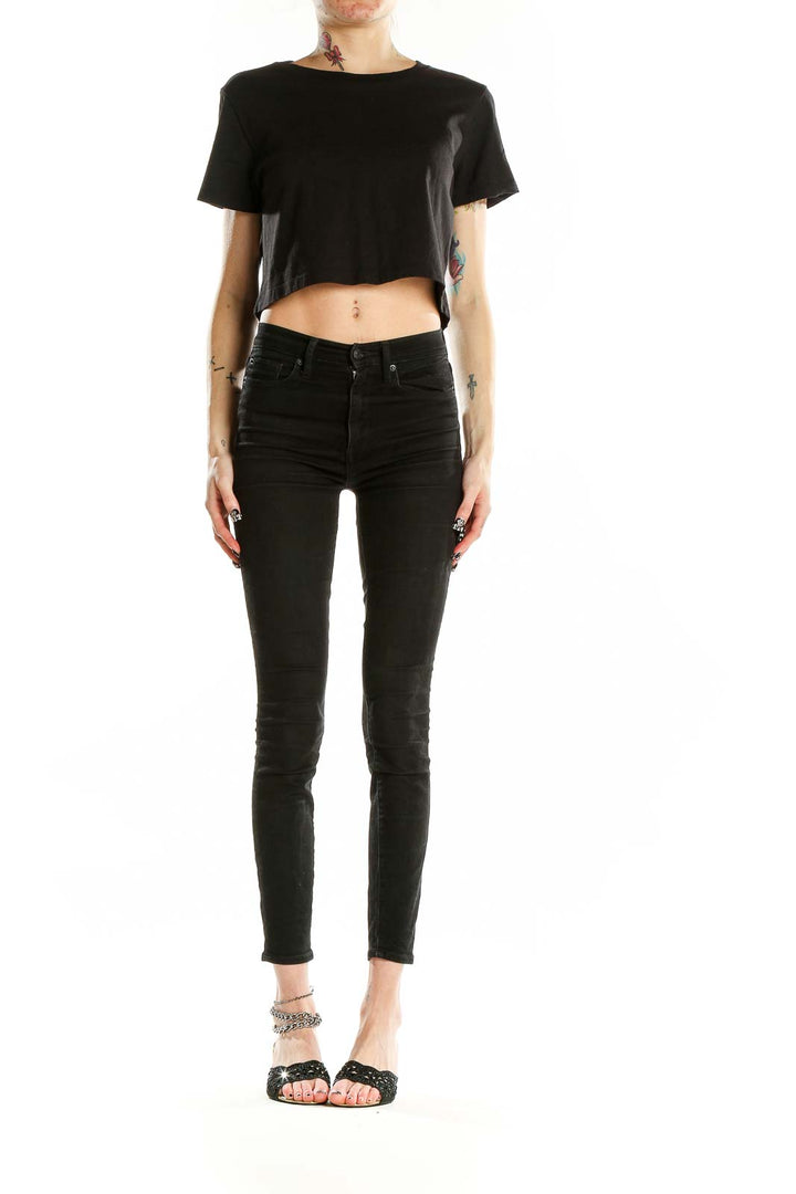 Front view of black cropped cotton t-shirt from Urban Outfitters