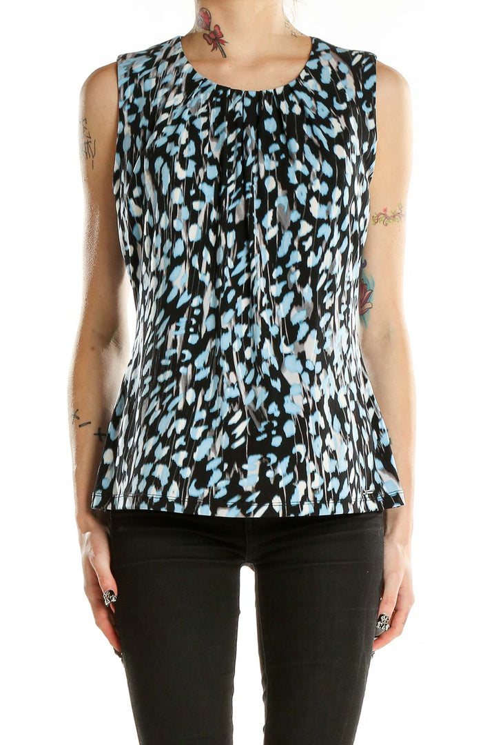 Front view of Calvin Klein blue and black abstract print sleeveless top