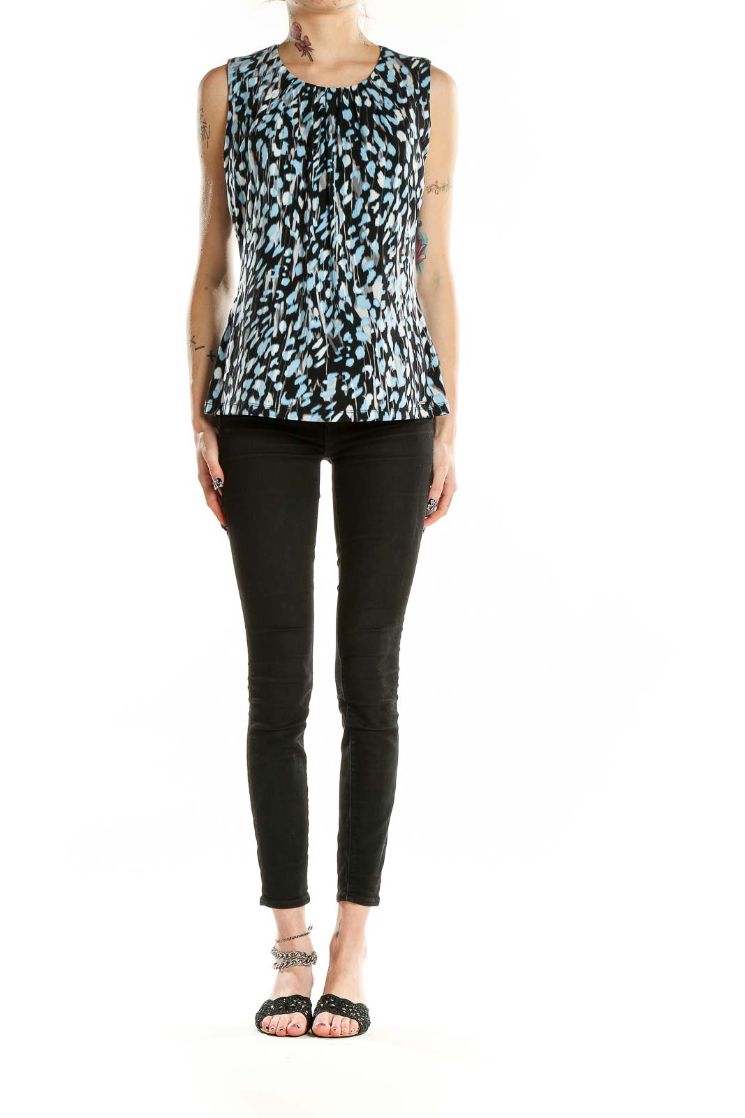 Front view of Calvin Klein blue and black abstract print sleeveless top