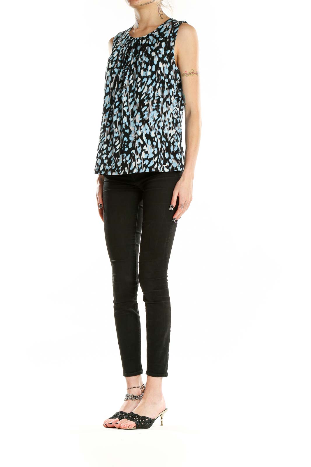 Front view of Calvin Klein blue and black abstract print sleeveless top