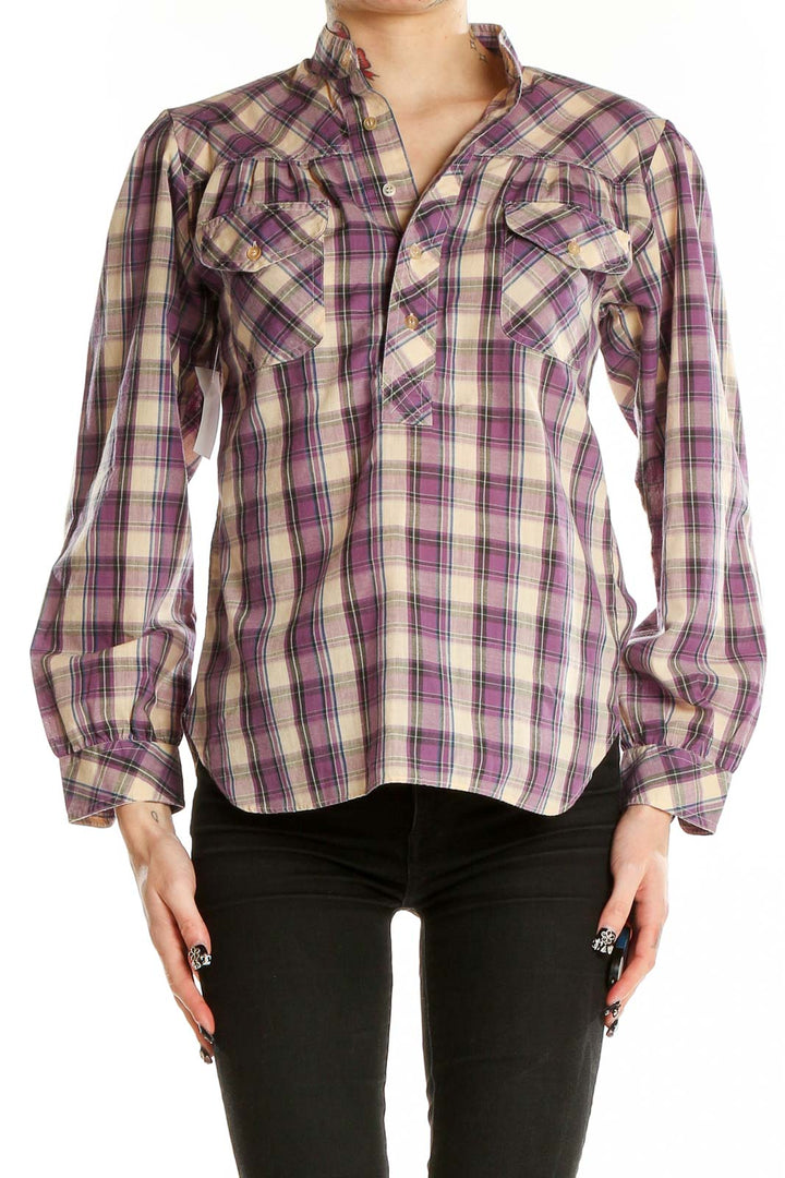 Front view of purple plaid Dynasty cotton button-up shirt